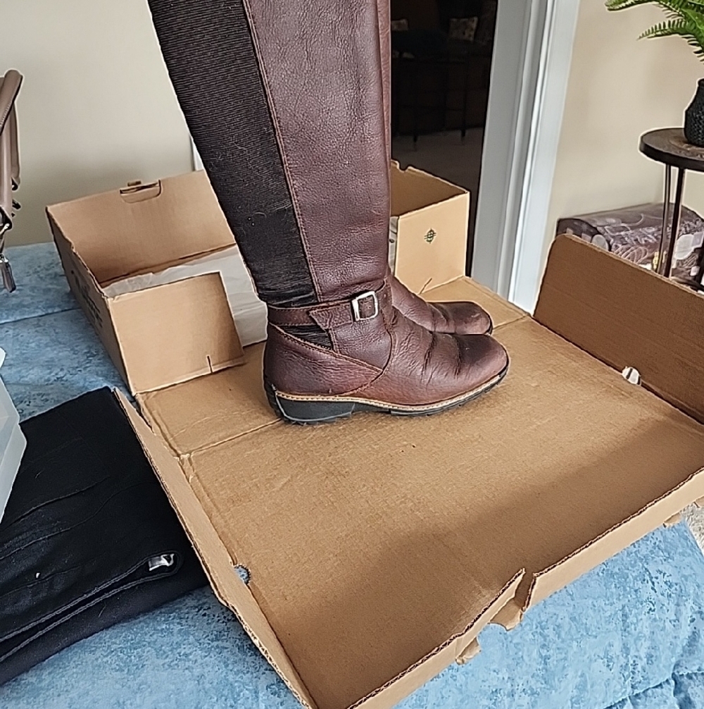 Brown Leather Knee High Boots with Buckle Accent - Picture 3 of 5
